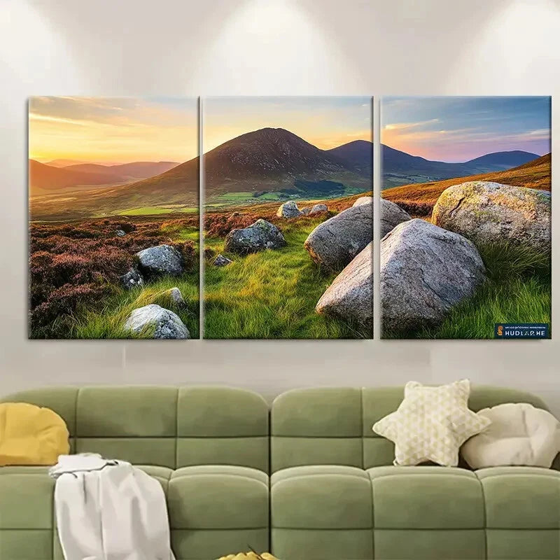 3pcs Mourne Mountains Vibrant Sunset & Green Hills Metal Print Ready to Hang Art