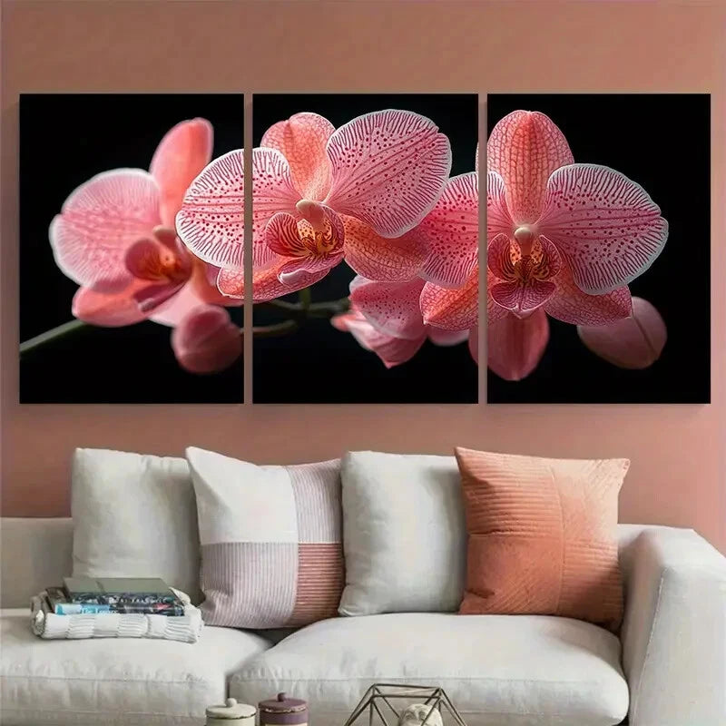 3pcs Pink Orchid Floral in Black Background Metal Print Ready to Hang Art