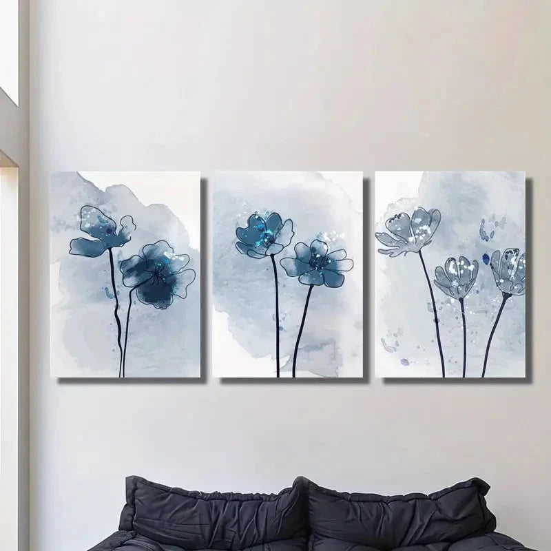 3pcs Blue Botanical Abstract Art Painting Metal Print Ready to Hang Art