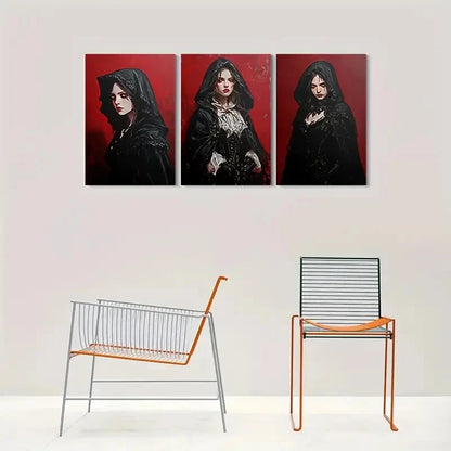 3pcs Gothic Hooded Woman Vintage Metal Print Ready to Hang Art