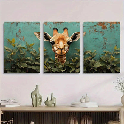 3pcs Whimsical Bubble Gum Giraffe Metal Print Ready to Hang Art