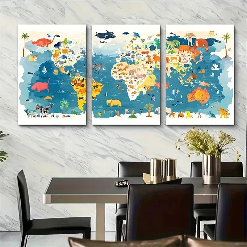 3pcs , Colorful Animal World Map Metal Print Ready to Hang Art