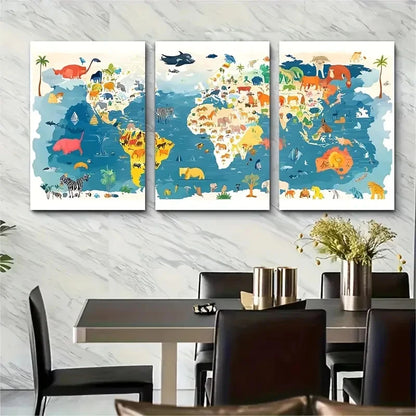 3pcs , Colorful Animal World Map Metal Print Ready to Hang Art