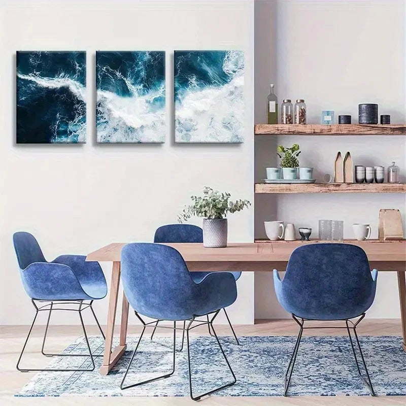 3pcs Abstract Blue and White Ocean Pattern Metal Print Ready to Hang Art