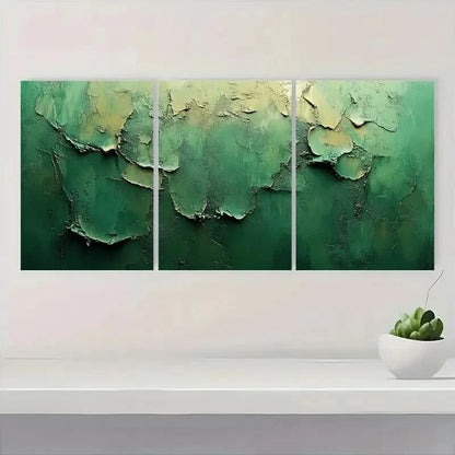 3pcs Minimalist Abstract Green & Beige Textured Metal Print Ready to Hang Art