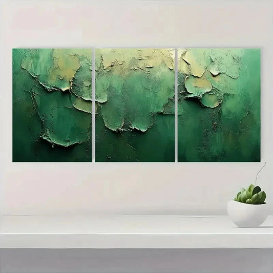 3pcs Minimalist Abstract Green & Beige Textured Metal Print Ready to Hang Art