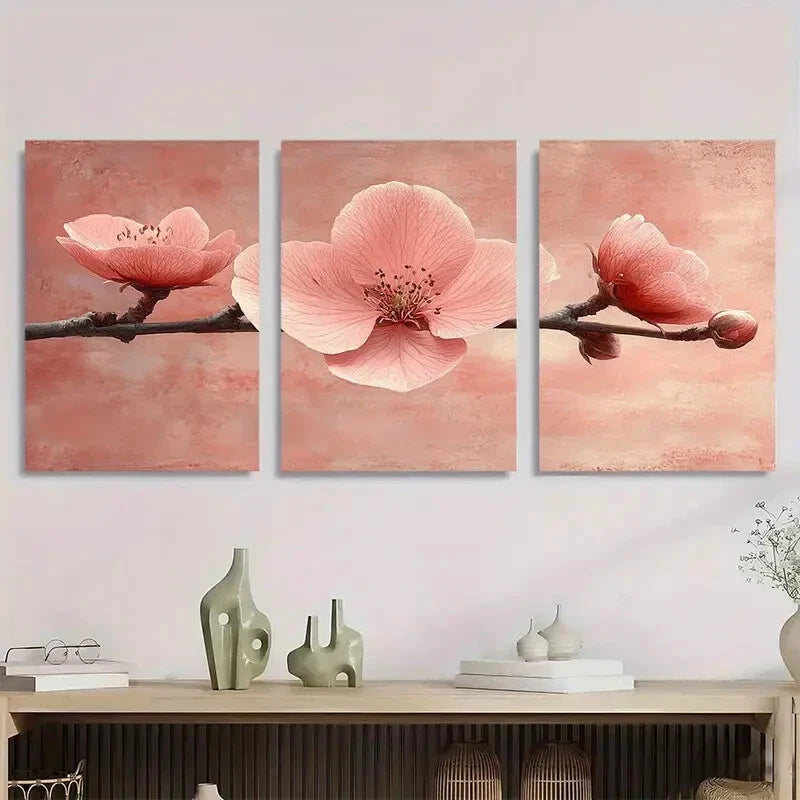 3pcs Elegant Pink Peony Minimalist Floral Metal Print Ready to Hang Art