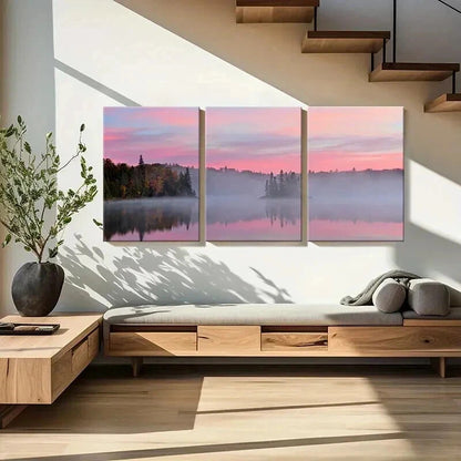 3pcs Lake Misty Forest Pink Sky Sunrise Wall Art Set Canvas Framed 40x60cm - High Quality Print 100% Australian Made Wall Canvas Ready to Hang