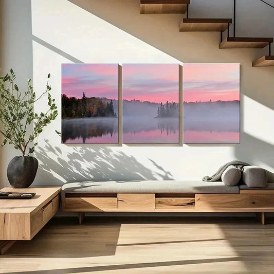3pcs Lake Misty Forest Pink Sky Sunrise Wall Art Set Canvas Framed 40x60cm - High Quality Print 100% Australian Made Wall Canvas Ready to Hang