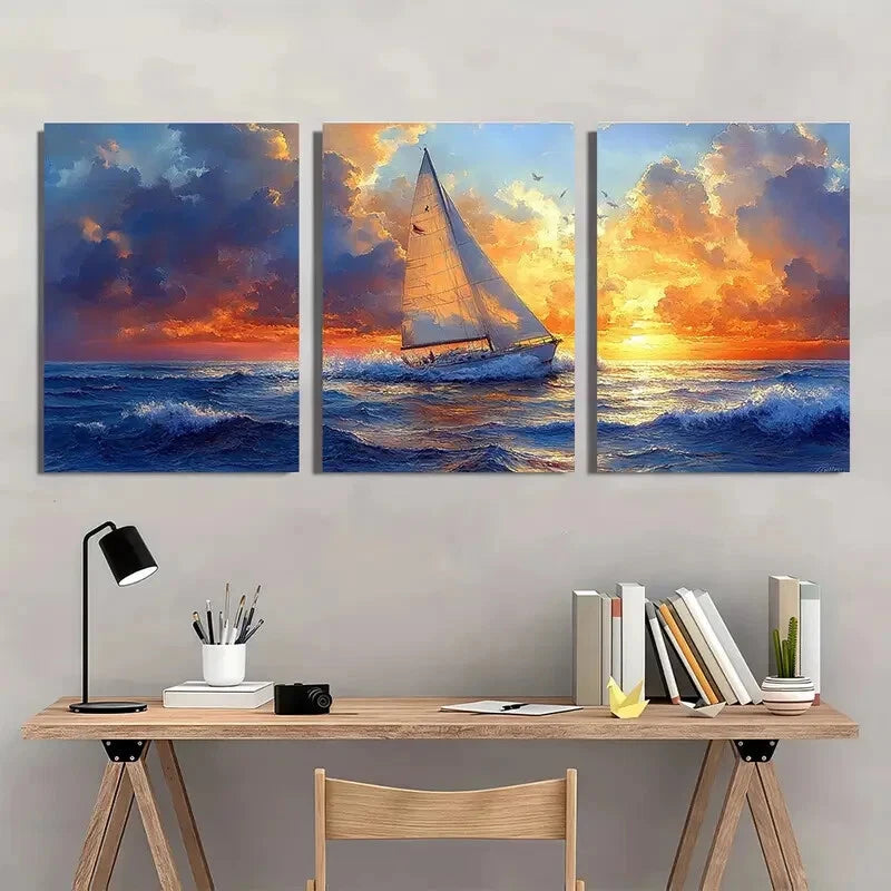 3pcs Vibrant Sunset Seascape Nautical Sailboat Metal Print Ready to Hang Art