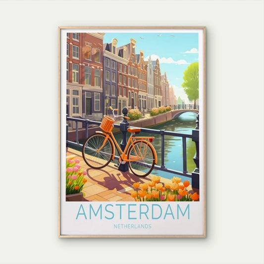 Amsterdam Netherlands, Canal & Bicycle Travel Poster Print Wall Art