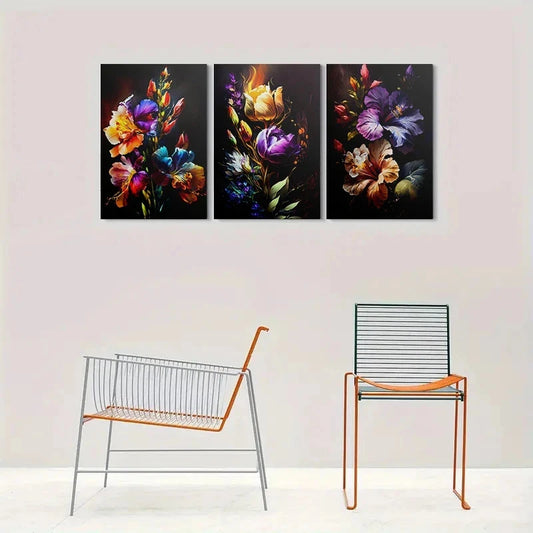 3pcs Vibrant Colorful Floral Purple Themed Metal Print Ready to Hang Art