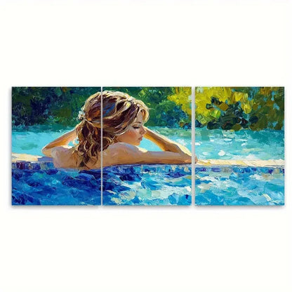 3pcs Woman by Pool Relaxing Summer Tranquility Wall Art Set Canvas Framed 50x70cm - High Quality Print 100% Australian Made Wall Canvas Ready to Hang