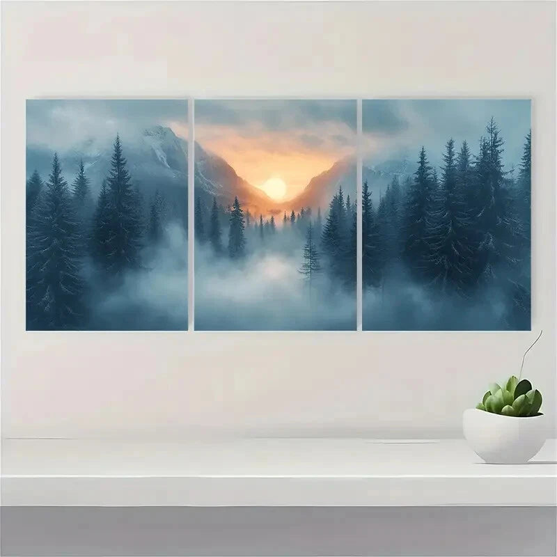 3pcs Misty Forest and Silhouette Trees Landscape Metal Print Ready to Hang Art