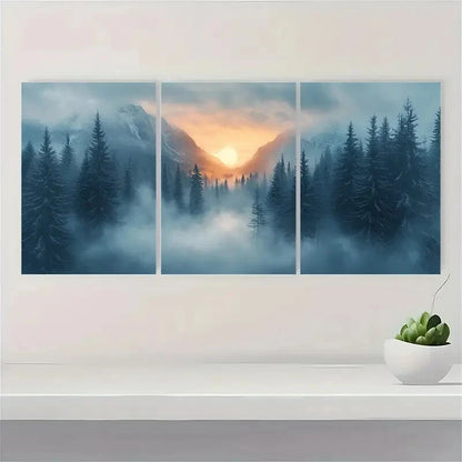 3pcs Misty Forest and Silhouette Trees Landscape Metal Print Ready to Hang Art
