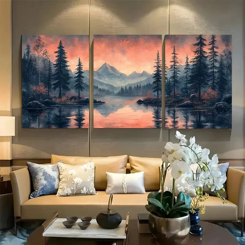 3pcs Mountain Landscape in Light Pink Hues Design Metal Print Ready to Hang Art