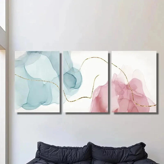 3pcs , Light luxury style mural, golden lines, Metal Print Ready to Hang Art
