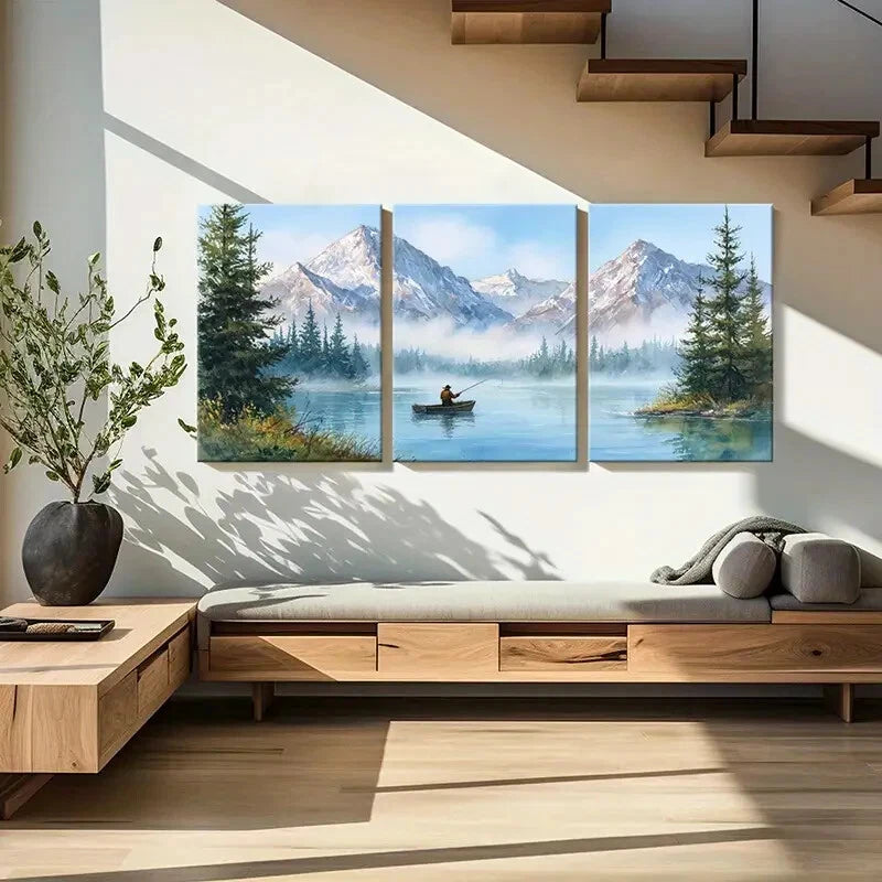 3pcs Alpine Lake Fishing Scene Mountain Metal Print Ready to Hang Art