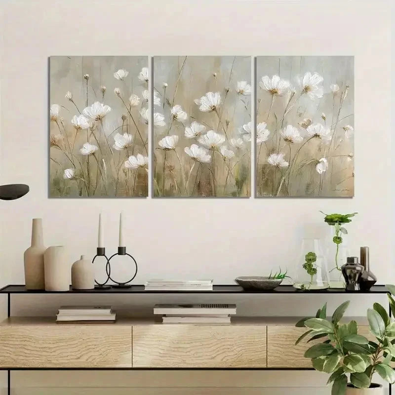 3pcs Delicate Painting of White Wildflowers Metal Print Ready to Hang Art