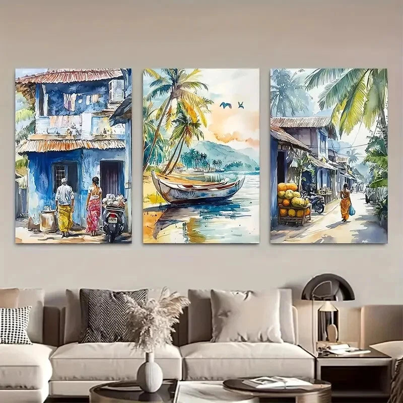 3pcs Vibrant Sri Lanka Traditional Landscape Metal Print Ready to Hang Art