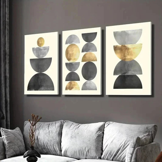 3pcs Golden & Metallic Geometric Circles Wall Art Set Canvas Framed 40x60cm - High Quality Print 100% Australian Made Wall Canvas Ready to Hang