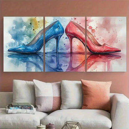 3pcs Vibrant Watercolour Shoe Collection Design Metal Print Ready to Hang Art