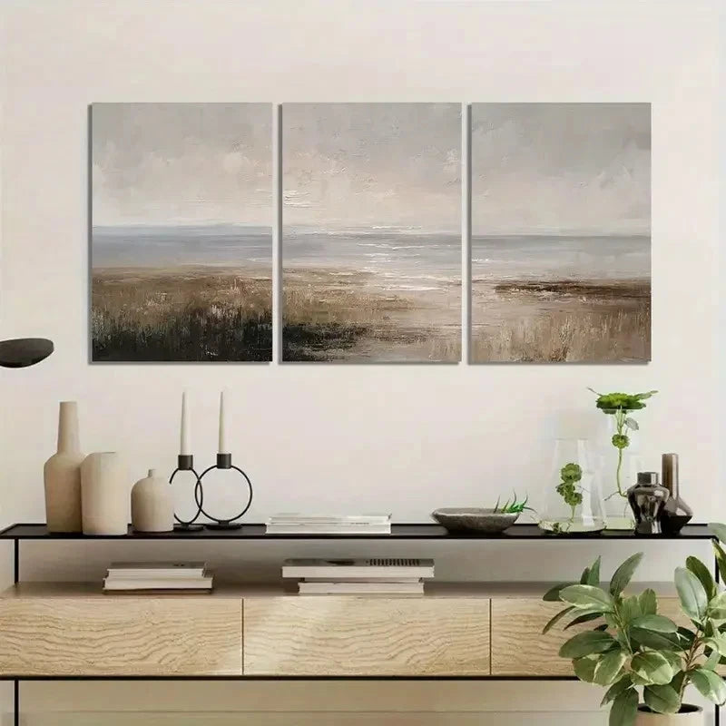 3pcs Muted Neutral Tone Landscape Painting Metal Print Ready to Hang Art