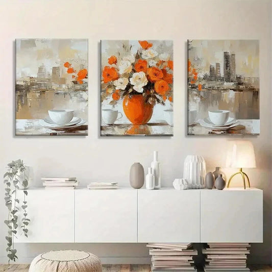 3pcs Elegant Orange Rose And White Flower Metal Print Ready to Hang Art