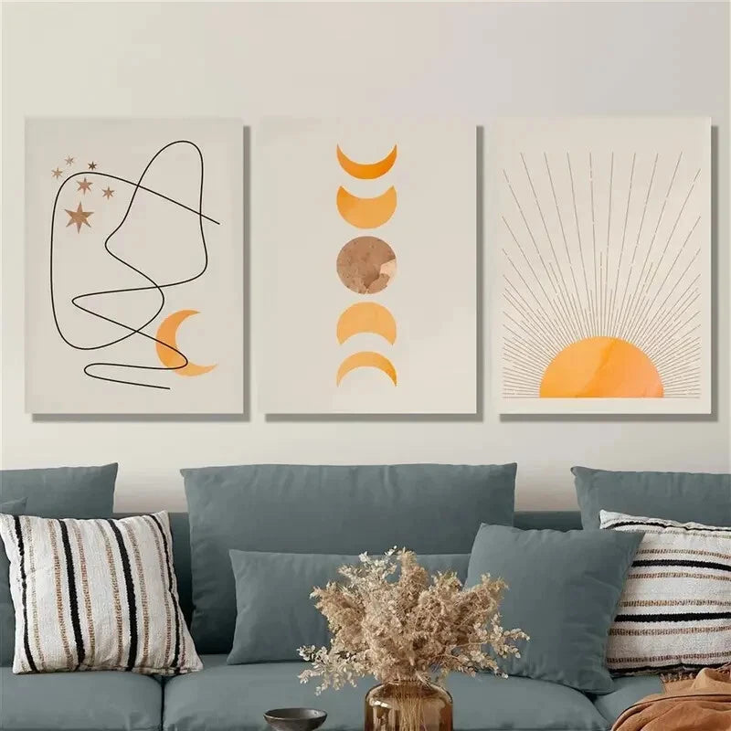 3pcs Abstract Geometric Shape Moon Sun Art Metal Print Ready to Hang Art