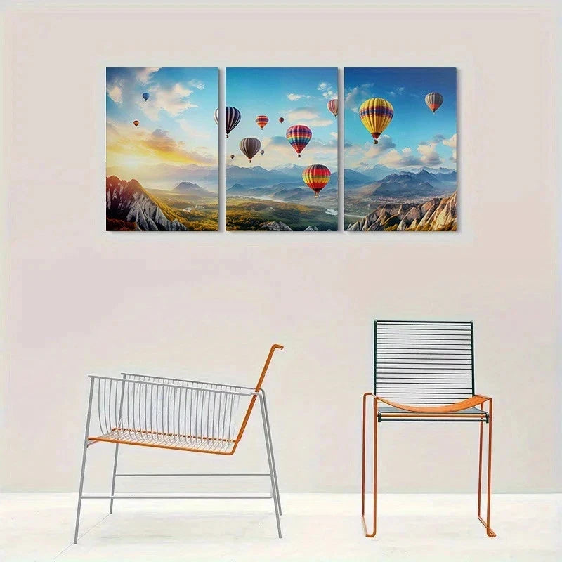 3pcs Colorful Hot Air Balloons Over Mountains Metal Print Ready to Hang Art