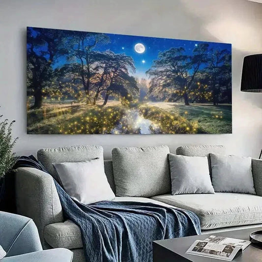 Moonlit Forest Fireflies wall canvas office home room framed 120x60cm