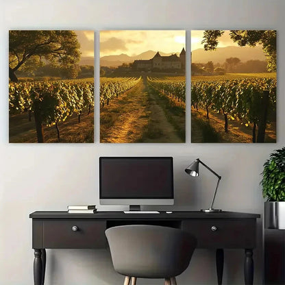3pcs Rendering of Burgundy Vineyards Golden Metal Print Ready to Hang Art