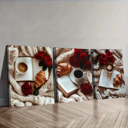 3pcs A book, red roses, bread Wall Art Set Canvas Unframed - High Quality Print 100% Australian Made Wall Canvas