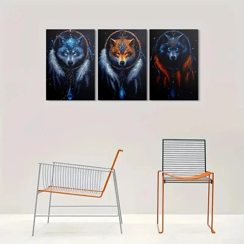 3pcs Mystical Blue & Golden Wolf Heads Feather Metal Print Ready to Hang Art