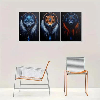 3pcs Mystical Blue & Golden Wolf Heads Feather Metal Print Ready to Hang Art