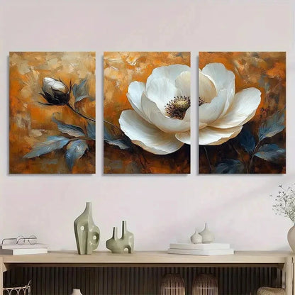 3pcs White Flower on Orange Background Metal Print Ready to Hang Art