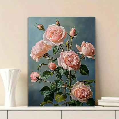 Pink Roses Green Leaves Floral Painting  40x60cm Metal Print Ready to Hang