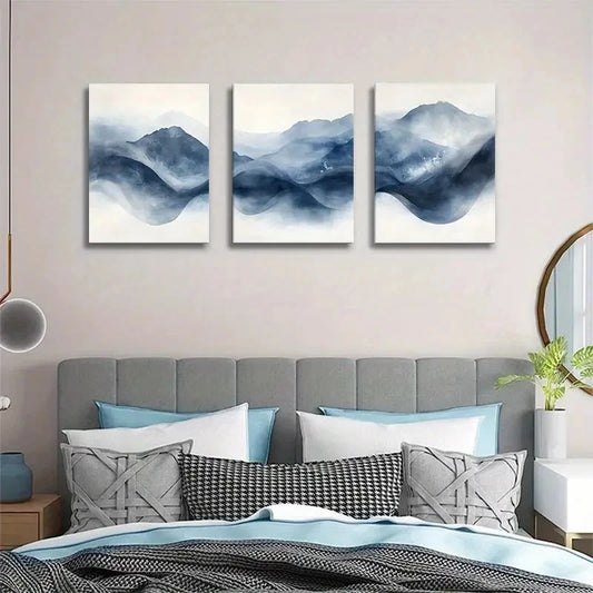 3pcs Abstract Blue Ink Watercolor Landscape Metal Print Ready to Hang Art
