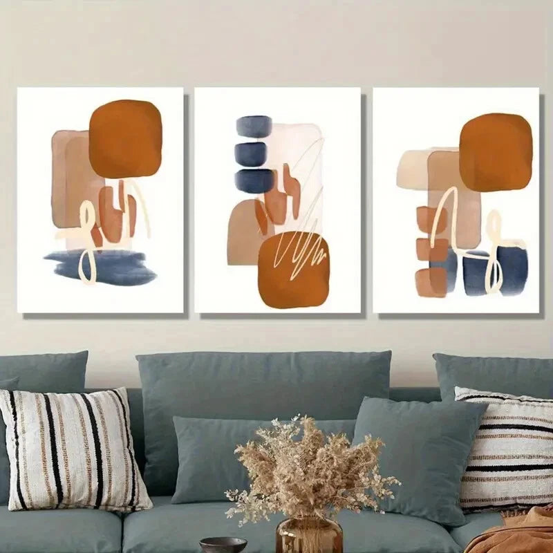 3pcs Geometric Shapes in Rust Navy Blue & Beige Metal Print Ready to Hang Art