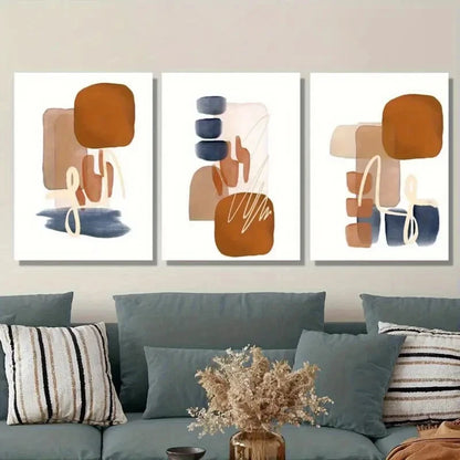 3pcs Geometric Shapes in Rust Navy Blue & Beige Metal Print Ready to Hang Art