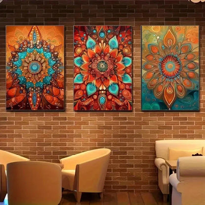 3pcs Floral Colorful Geometric Flower Designs Metal Print Ready to Hang Art