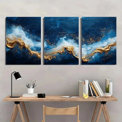 3pcs Blue and Golden Abstract Blue and White Metal Print Ready to Hang Art
