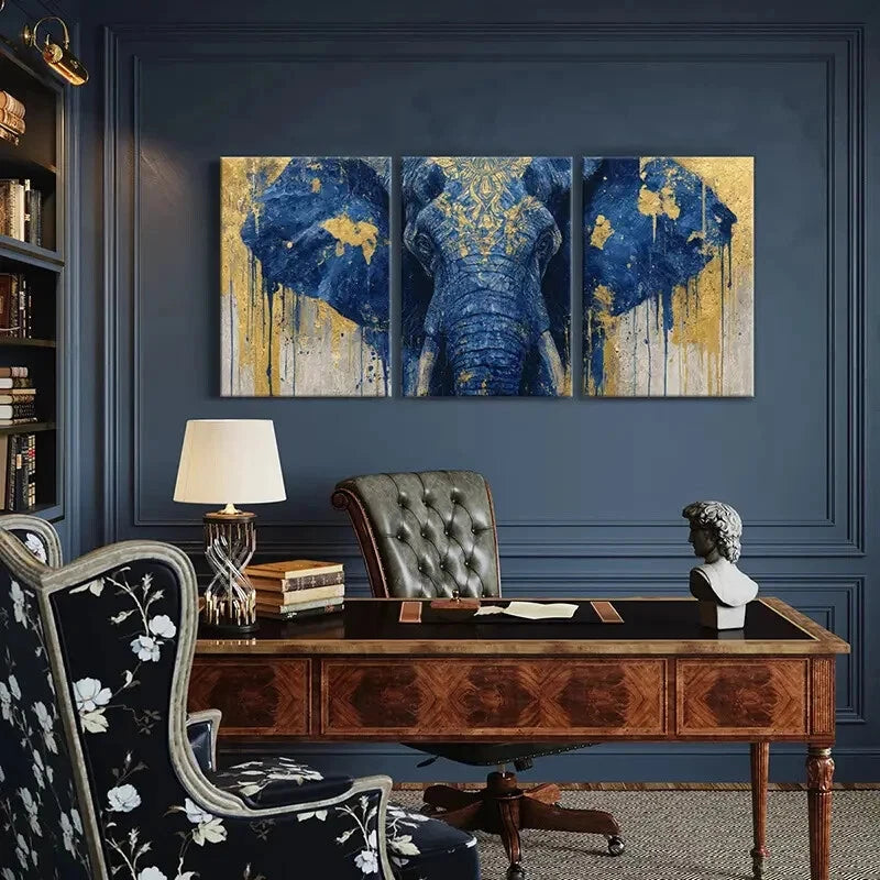 3pcs Blue Elephant Art Golden Accents Abstract Metal Print Ready to Hang Art