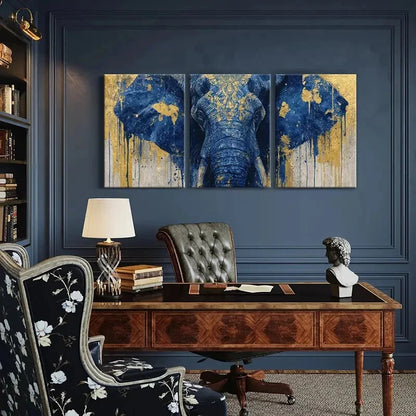 3pcs Blue Elephant Art Golden Accents Abstract Metal Print Ready to Hang Art
