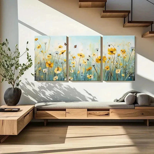 3pcs Meadow with Yellow Daisies & Butterflies Wall Art Set Canvas Framed 40x60cm - High Quality Print 100% Australian Made Wall Canvas Ready to Hang