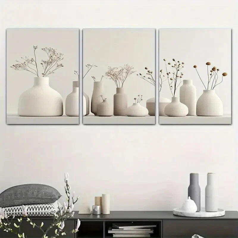 3pcs Delicate Vase Arrangement Gemstone Accents Metal Print Ready to Hang Art