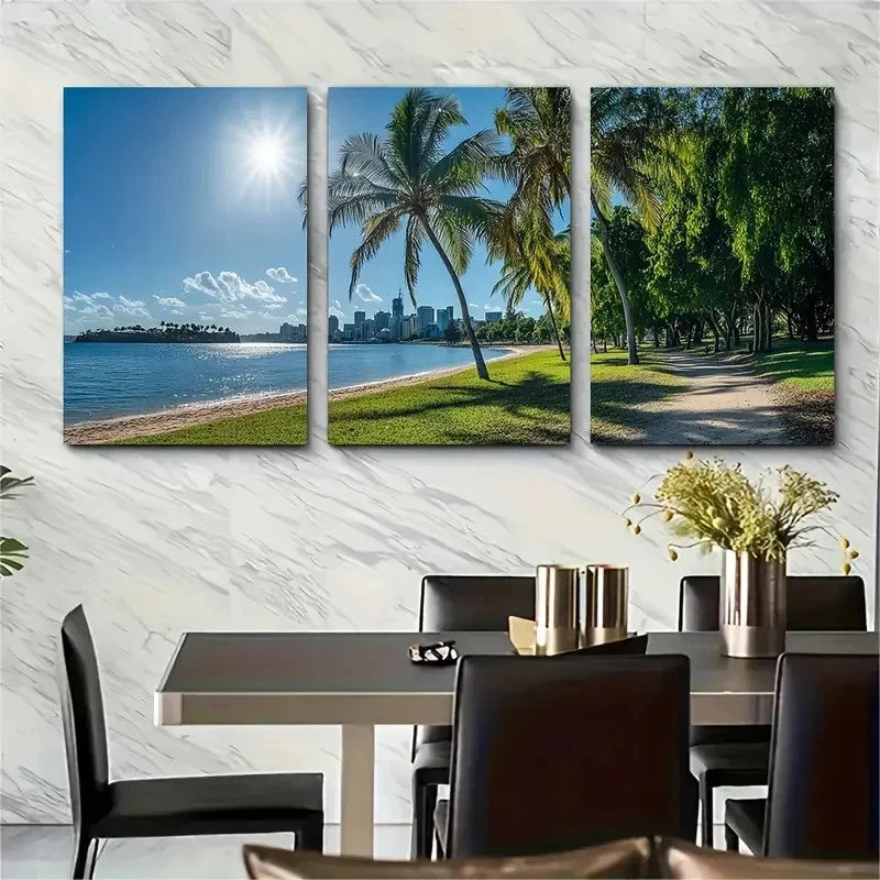 3pcs Brisbane Coastal Tropical Art Wall Art Set Canvas Framed 50x70cm - High Quality Print 100% Australian Made Wall Canvas Ready to Hang