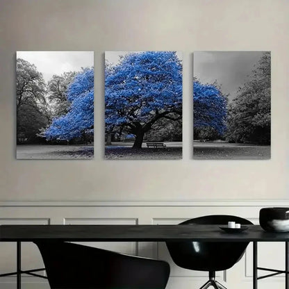 3pcs Featuring a Blue Tree in a Park Metal Print Ready to Hang Art