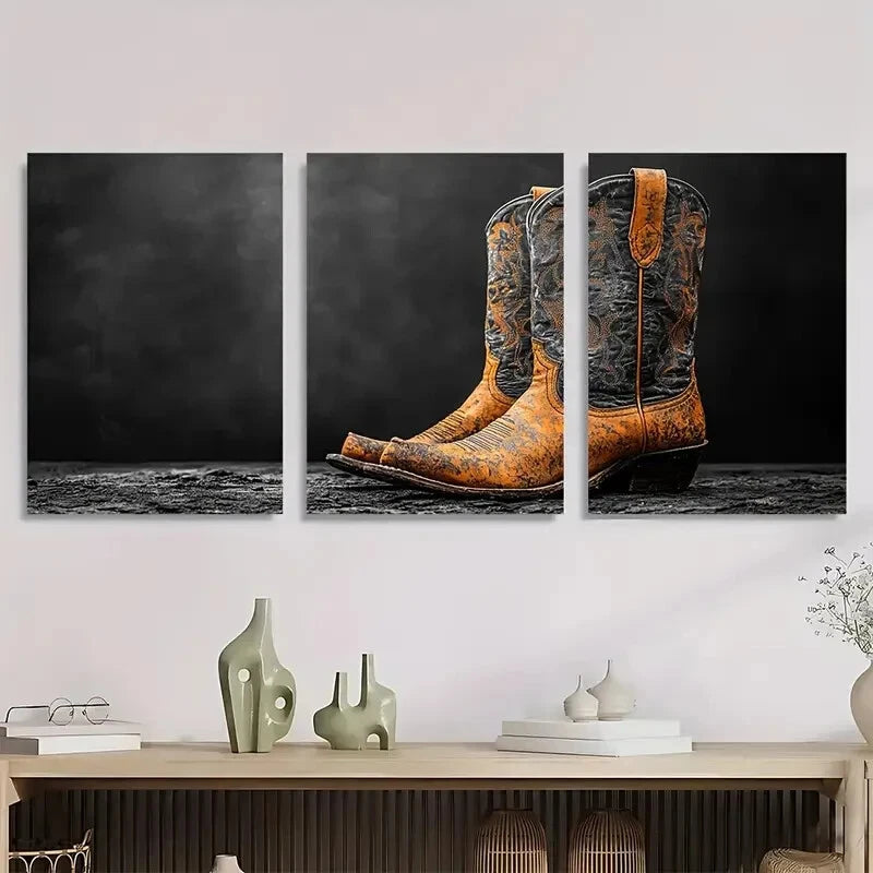 3pcs Retro Western Cowboy Boots Black Metal Print Ready to Hang Art