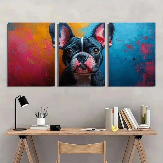 3pcs Abstract Bulldog Pink Blue Splash Dog Wall Art Set Canvas Framed 40x60cm - High Quality Print 100% Australian Made Wall Canvas Ready to Hang